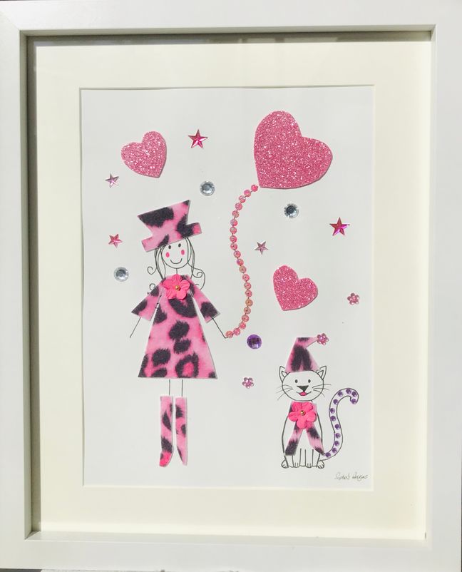 Beautiful girl in pink leopard print dress with matching hat with cat framed wall art