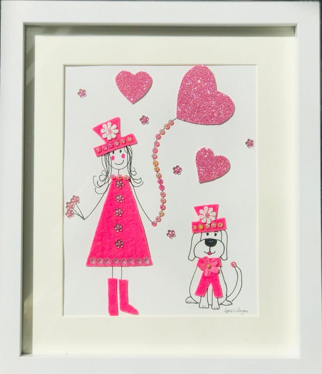 Beautiful girl in bright pink dress with a heart shaped balloon and matching dog framed wall art