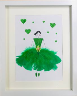 Beautiful green feathered ballerina with hearts framed wall art