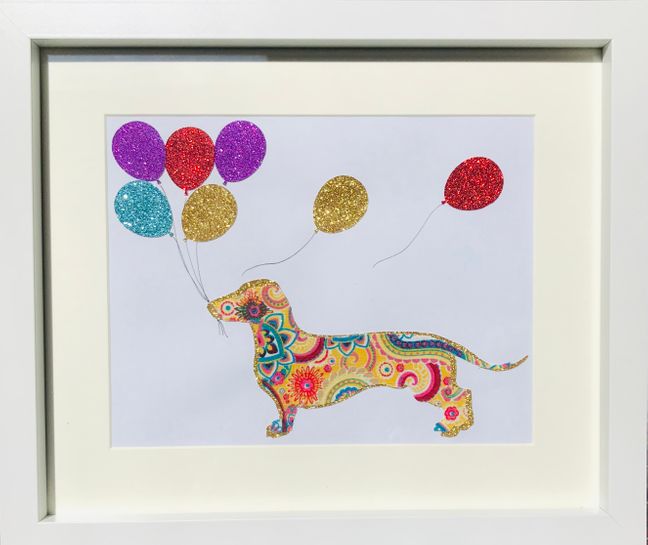  Fabric sausage dog with balloons framed wall art
