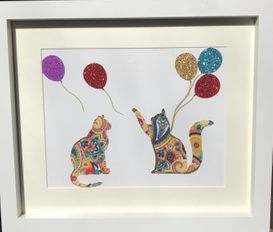 Fabric patterned cats with balloons framed wall art