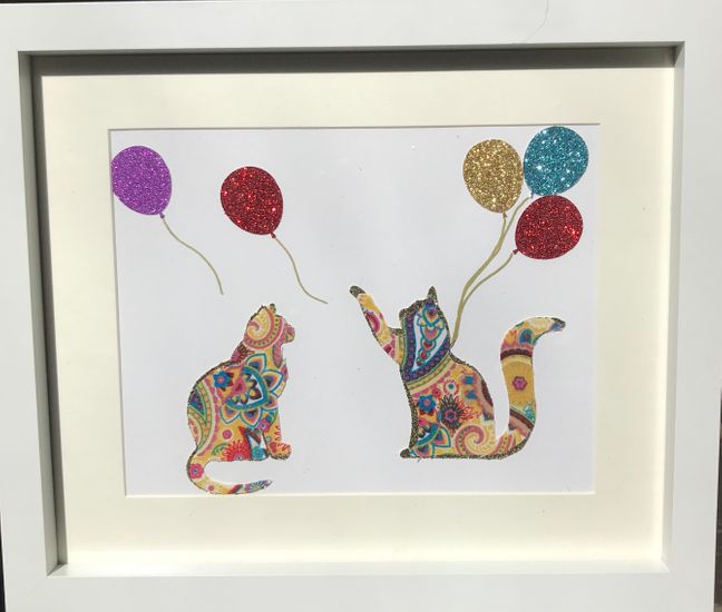 Fabric patterned cats with balloons framed wall art