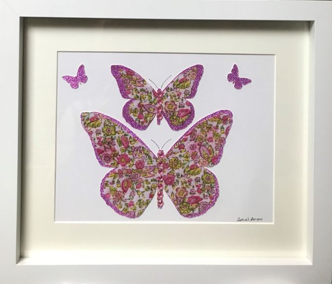 Beautiful pink & green flower print butterflies framed wall art