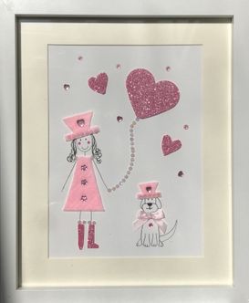 Girl with the dog and the heart shaped balloon framed wall art