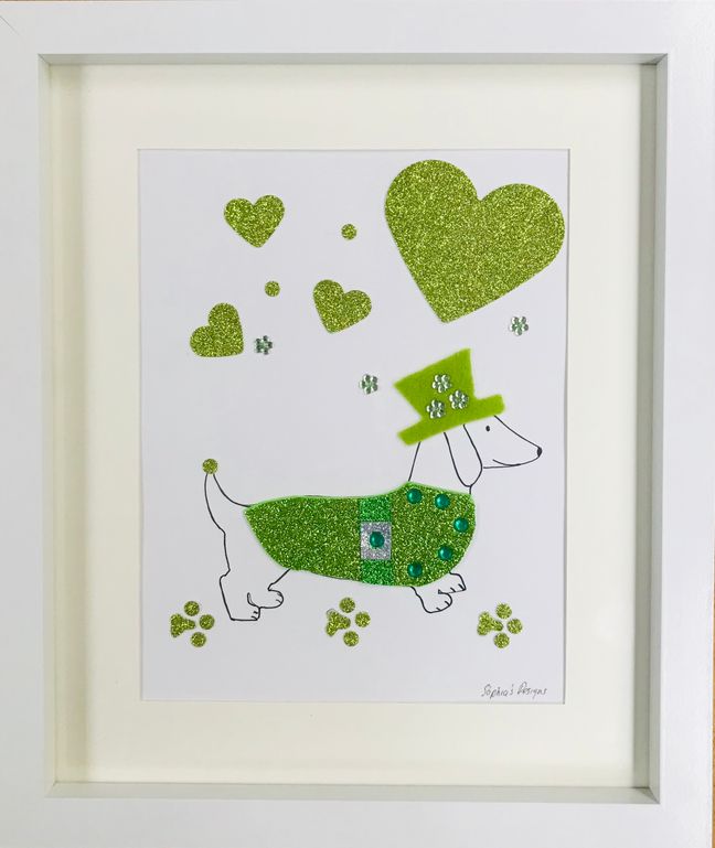  Lime green Sausage Dog with coat framed wall art