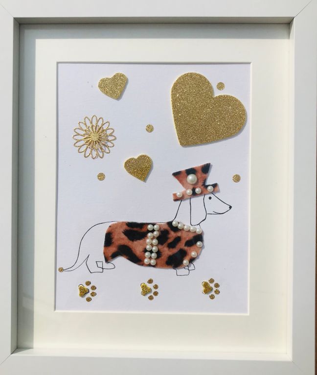  Quirky Sausage dog with leopard print hat & coat framed wall art
